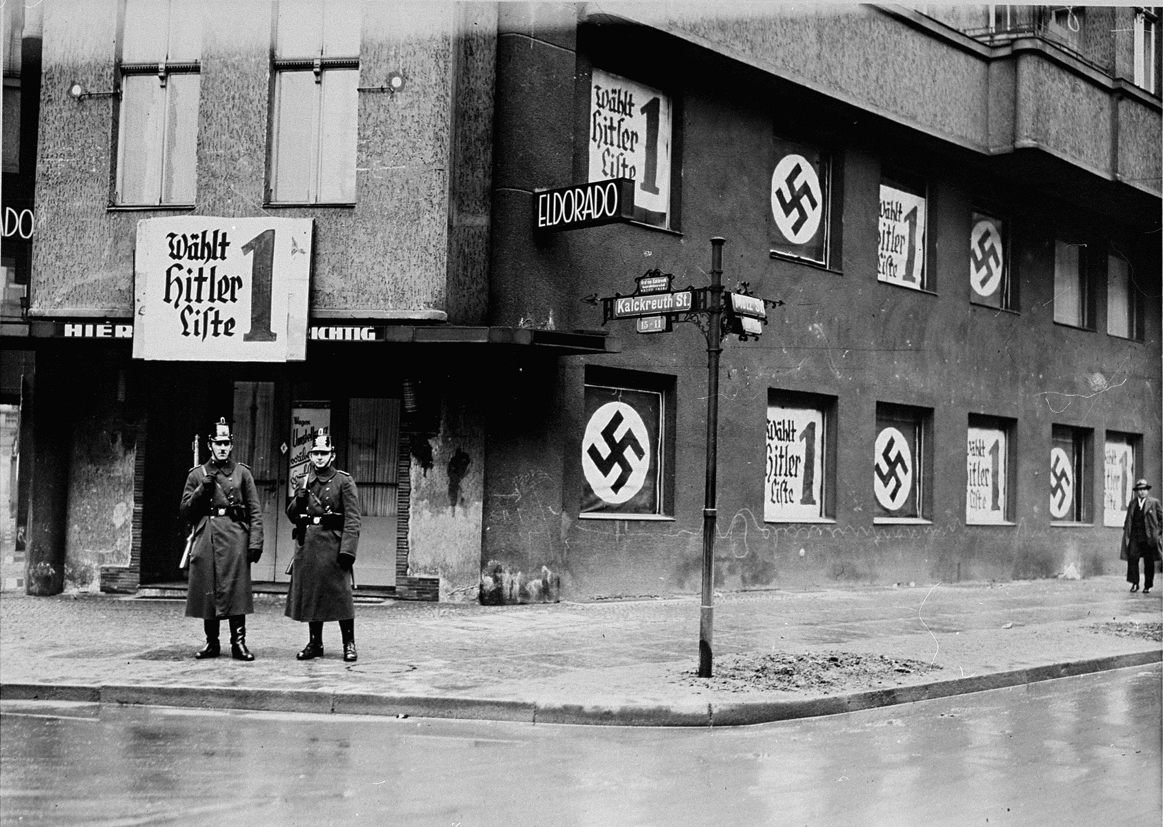Nazi banners hang in the windows of the former Eldorado nightclub. Image: Landesarchiv Berlin/U.S. Holocaust Memorial Museum