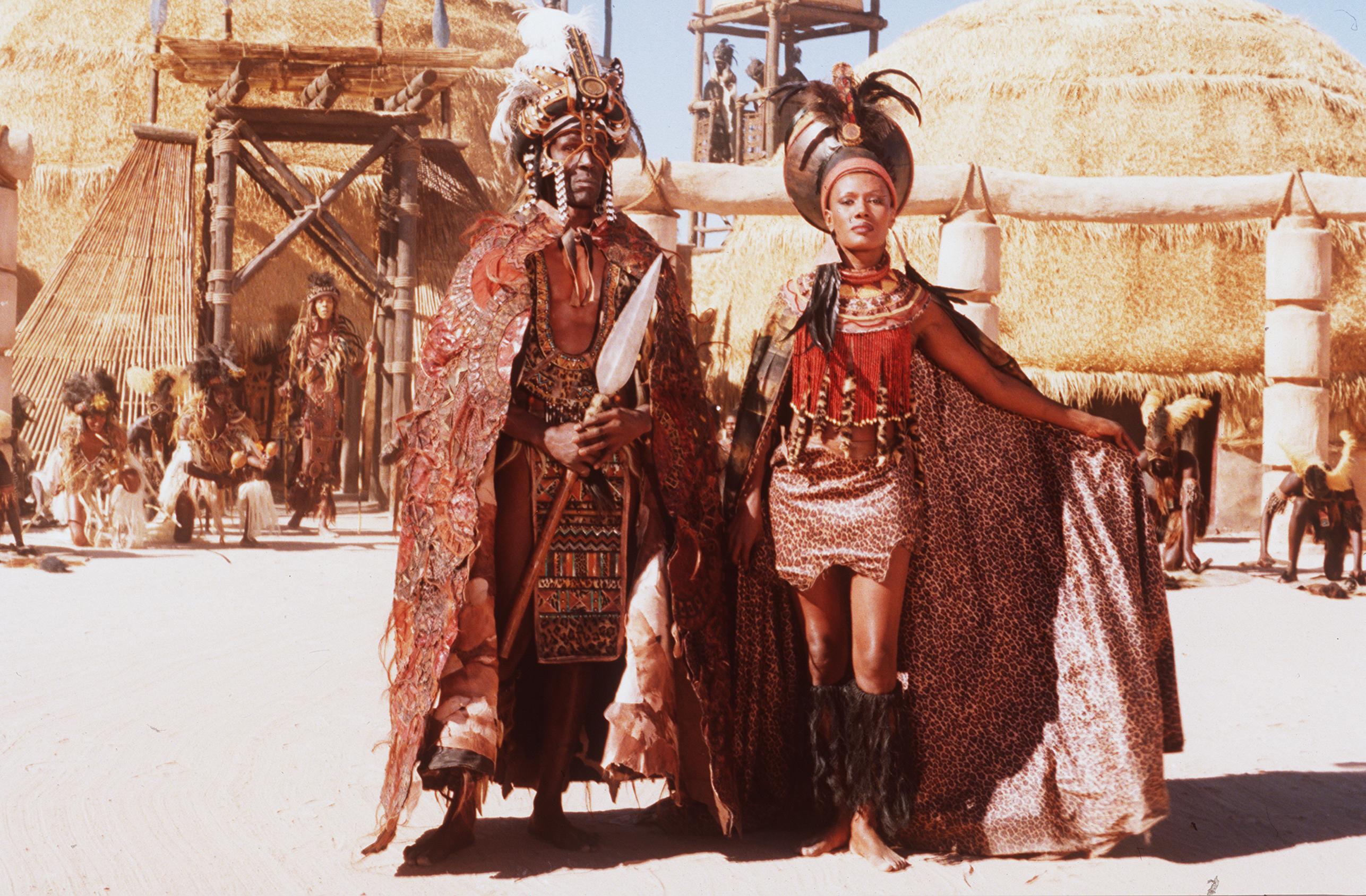 March 1999 Cannes, France. Shaka Zulu: The Citadel, The Epic Mini-Series Chronicling The Life Of The Legendary Chieftain. Stars Grace Jones And Henry Cele. Global Entertainment. 1999 (Photo By Getty Images)