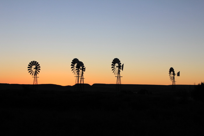 Wind pumps at sunset. Image: Chris Marais