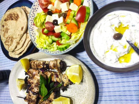 What’s cooking today: Chicken souvlaki with homemade pitas and tzatziki