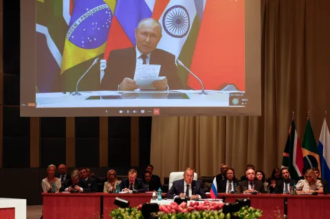 Putin, via video link, uses BRICS gathering to justify Russia’s war in Ukraine