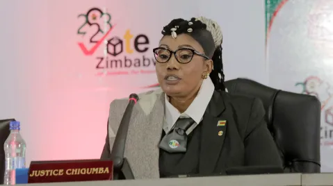 Zimbabwe Electoral Commission (ZEC) Chairperson Priscilla Chigumba announces the results of the presidential elections at the Election Command Center in Harare, Zimbabwe, 26 August 2023 (issued 27 August 2023). Zimbabwe's elections commission said Zanu PF party leader Emmerson Mnangagwa won the election over the Citizens Coalition for Change leader Nelson Chamisa.  EPA-EFE/AARON UFUMELI