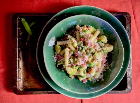 What’s cooking today: Sedanini pasta with garden peas, Brussels sprouts and bacon