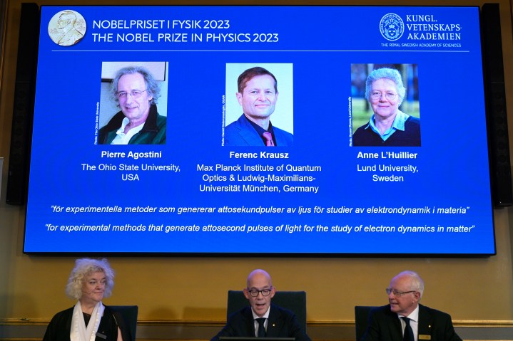 Trio win Nobel physics prize for tiny light pulses that capture changes in atoms