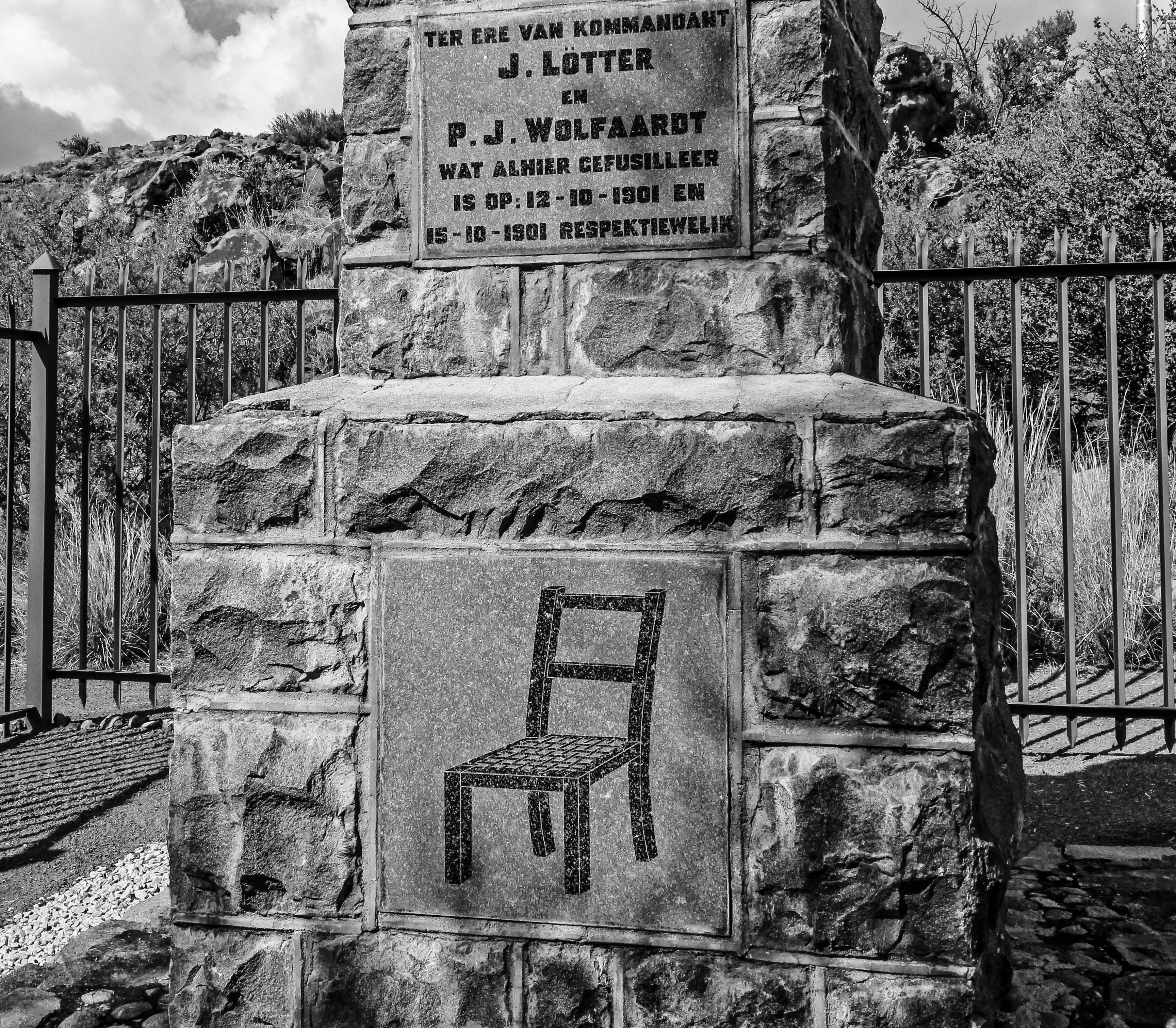 The Anglo-Boer War Execution Chair monument to Commandant J Lotter and PJ Wolfaardt on the outskirts of Middelburg, Karoo 