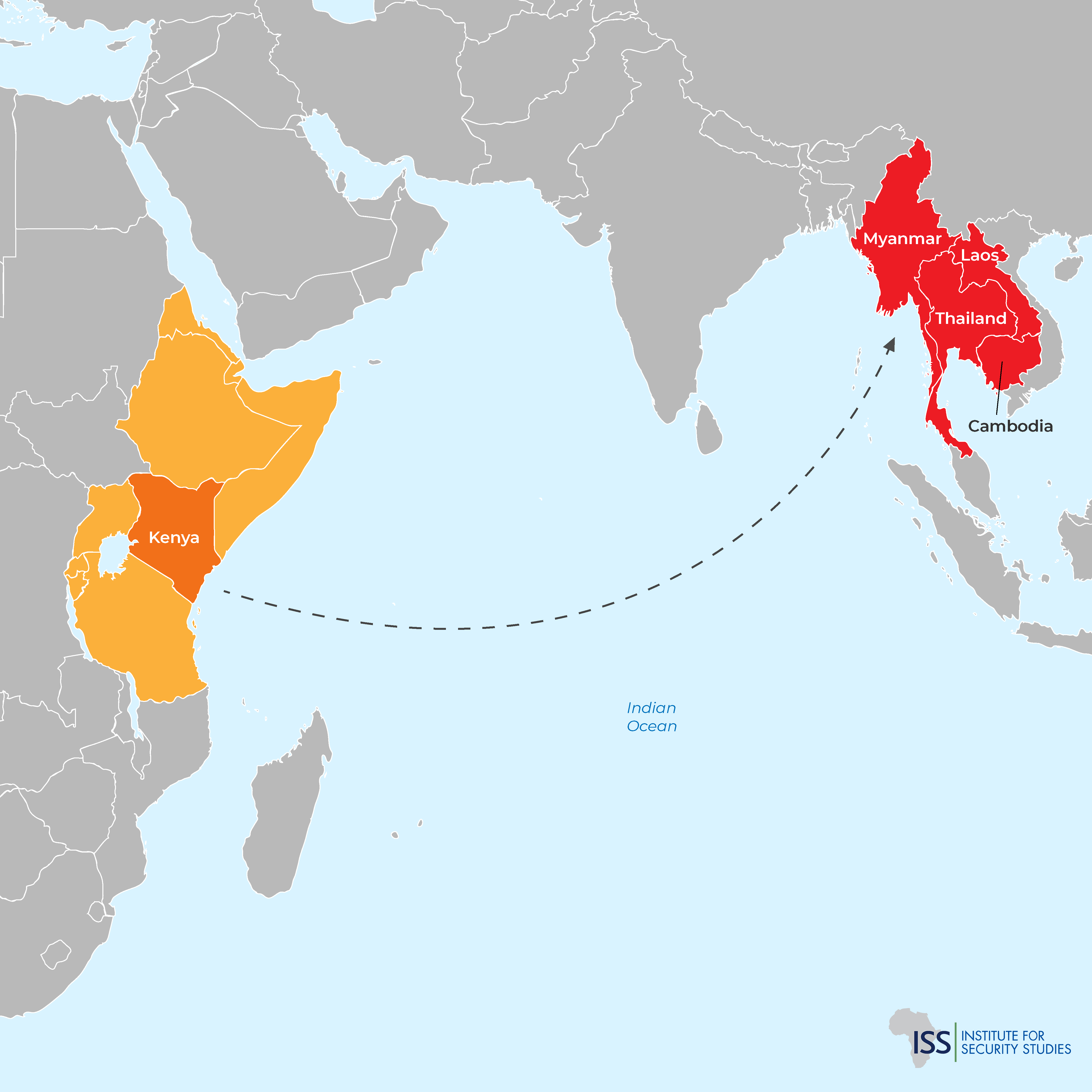 Human trafficking route from East Africa to Southeast Asia