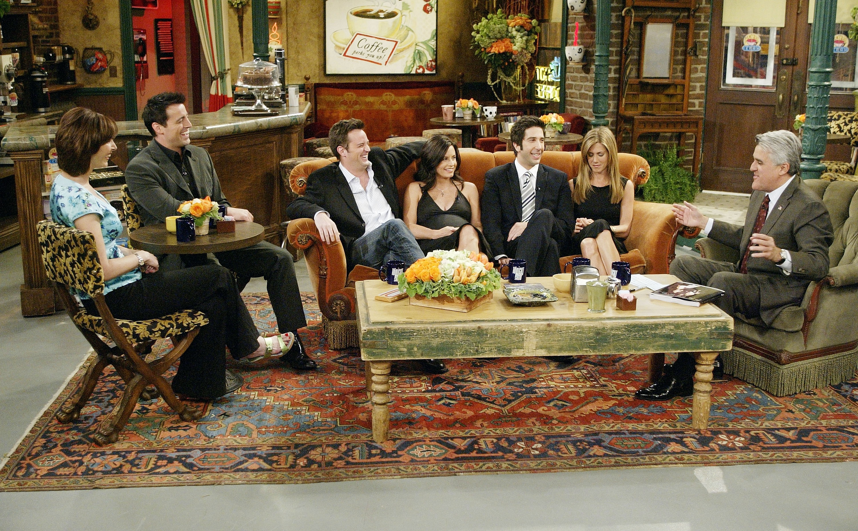 LOS ANGELES - MAY 6: (L-R) In this handout photo provided by NBC, the cast of "Friends", actors Lisa Kudrow, Matt LeBlanc, Matthew Perry, Courteney Cox-Arquette, David Schwimmer and Jennifer Aniston sat down with Jay Leno for a special "Tonight Show," on the set of Central Perk on May 6, 2004 in Los Angeles, California. (Photo by Paul Drinkwater/NBC via Getty Images)