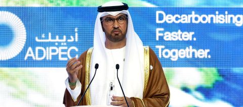 Sultan Ahmed Al Jaber, chief executive officer of Abu Dhabi National Oil Co and president of COP28, speaks during the opening ceremony of the Abu Dhabi International Petroleum Exhibition and Conference in Abu Dhabi, United Arab Emirates, on Monday, 2 October, 2023. (Photo: Christopher Pike / Bloomberg via Getty Images)