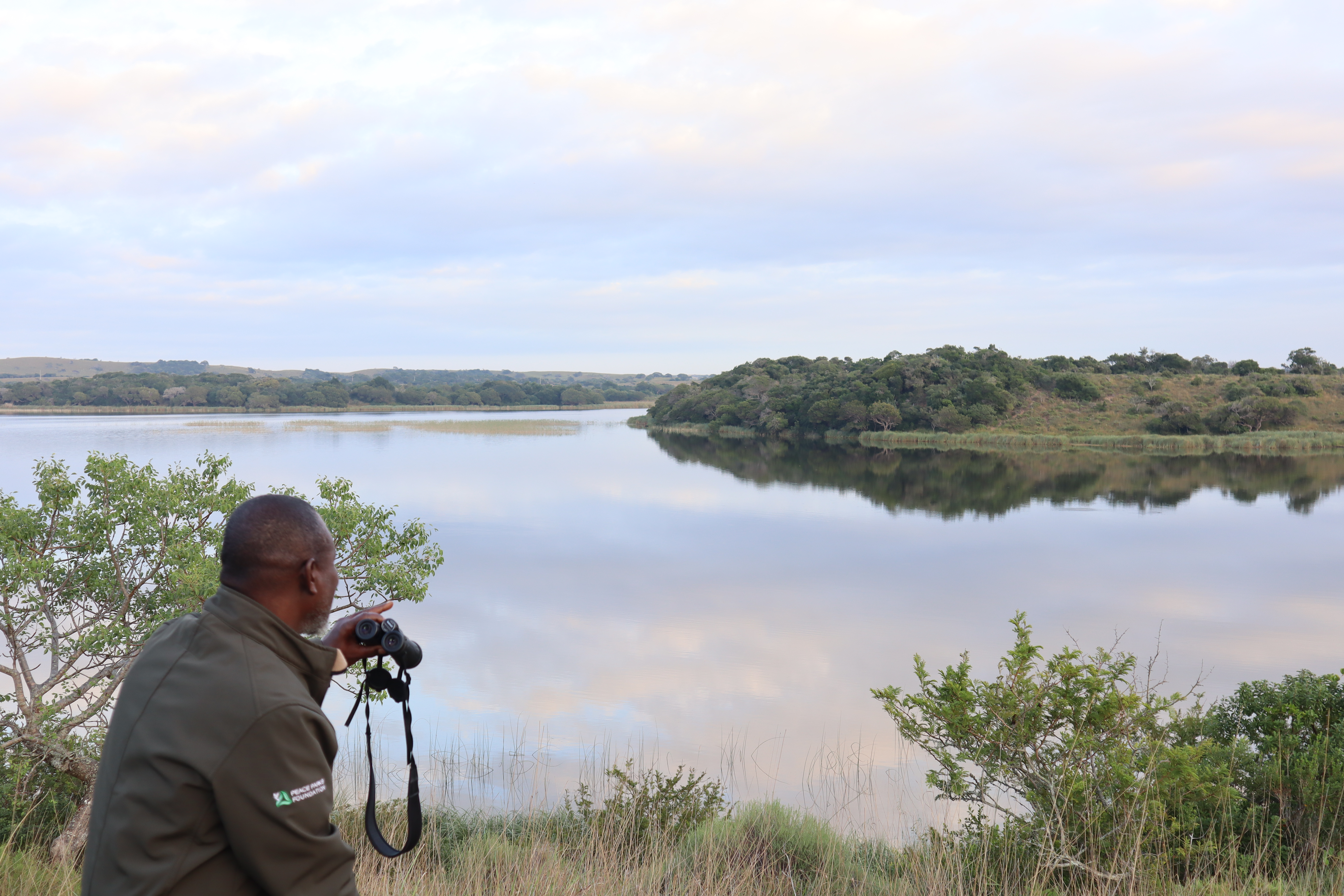 Rodolfo Cumbane searches for animals from the edge of a lake
