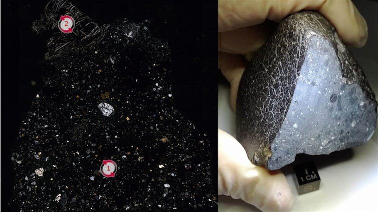 A carbonaceous chondrite meteorite under the microscope and hand specimen. Image: Supplied