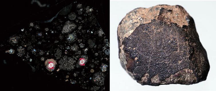 A martian meteorite under the microscope and hand specimen. Image: Open University 