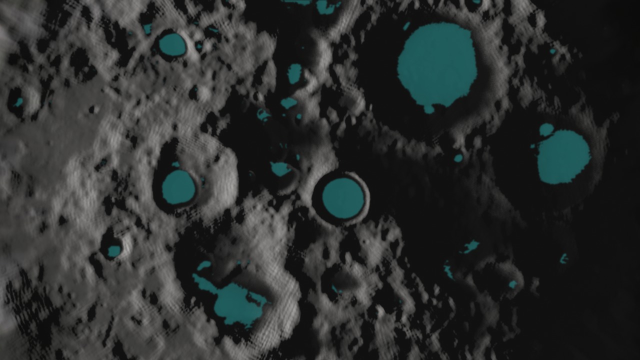 Water ice in the permanently shadowed craters of the lunar south pole. NASA/Goddard Space Flight Center Scientific Visualization Studio. Data from JAXA/Selene