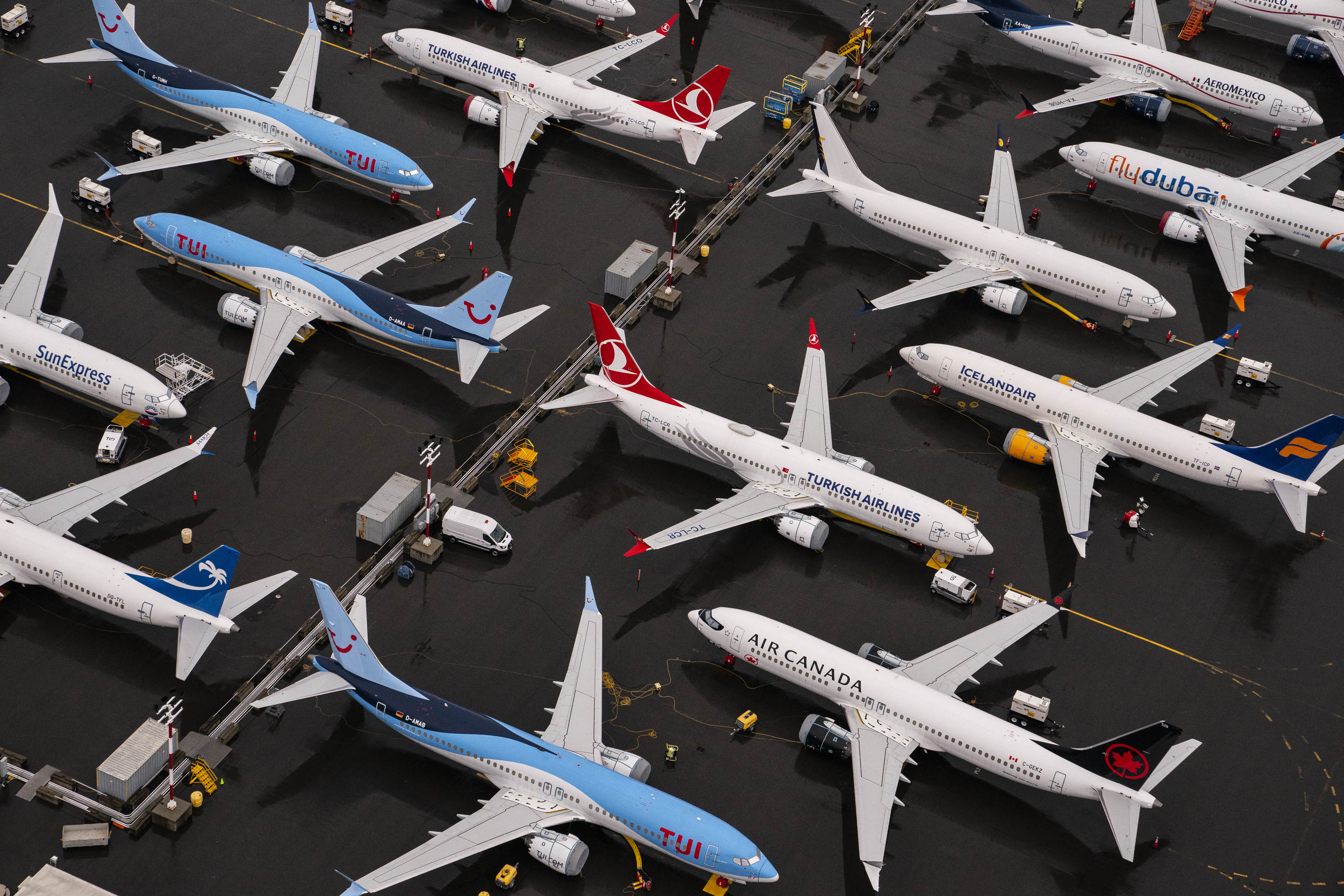 Boeing 737 Max airplanes sit parked at Boeing Field on November 18, 2020 in Seattle, Washington. The U.S. Federal Aviation Administration (FAA) cleared the Max for flight after 20 months of grounding. The 737 Max was grounded worldwide since March 2019 after two deadly crashes in Indonesia and Ethiopia. (Photo by David Ryder/Getty Images)
