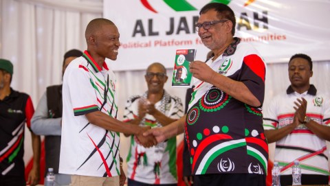 Al Jama-ah Leader Ganief Hendricks and Kabelo Gwamanda at the Al Jama-Ah  National Manifesto launch at Harmony Primary School on March 09, 2024 in Lenasia, South Africa. The manifesto launch provided a platform for the Al Jama-ah  to outline its plans for the 2024 national and provincial polls. (Photo by Gallo Images/Papi Morake)