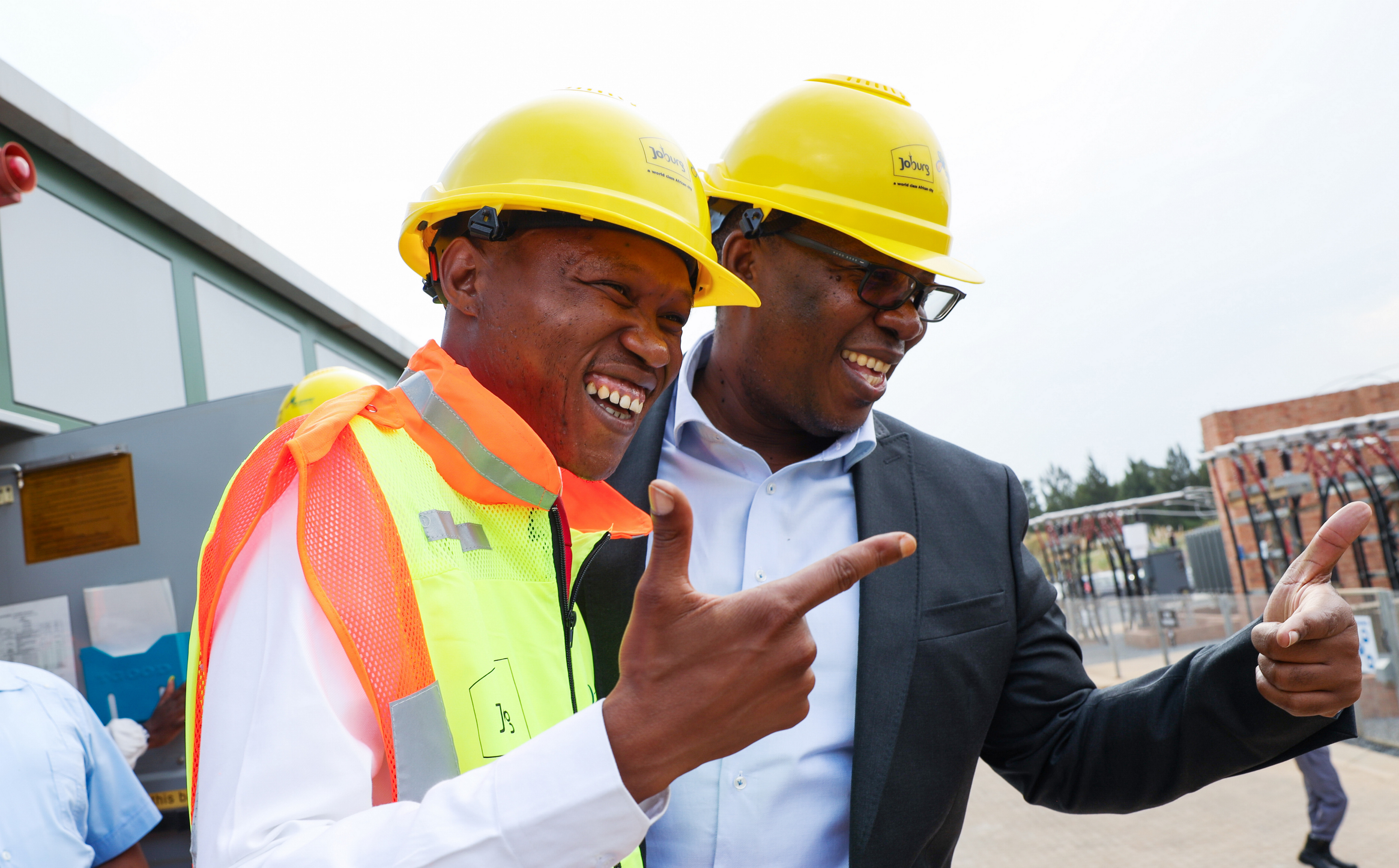 JOHANNESBURG, SOUTH AFRICA - MARCH 20: Panyaza Lesufi (Gauteng Premier) and Kabelo Gwamanda (Executive Mayor of Joburg) at the unveiling of the Fluerhof Substation on March 20, 2024 in Johannesburg, South Africa. The substation which is the most technologically advanced in the country, will provide over 25 000 residents with power supply. (Photo by Gallo Images/Luba Lesolle)