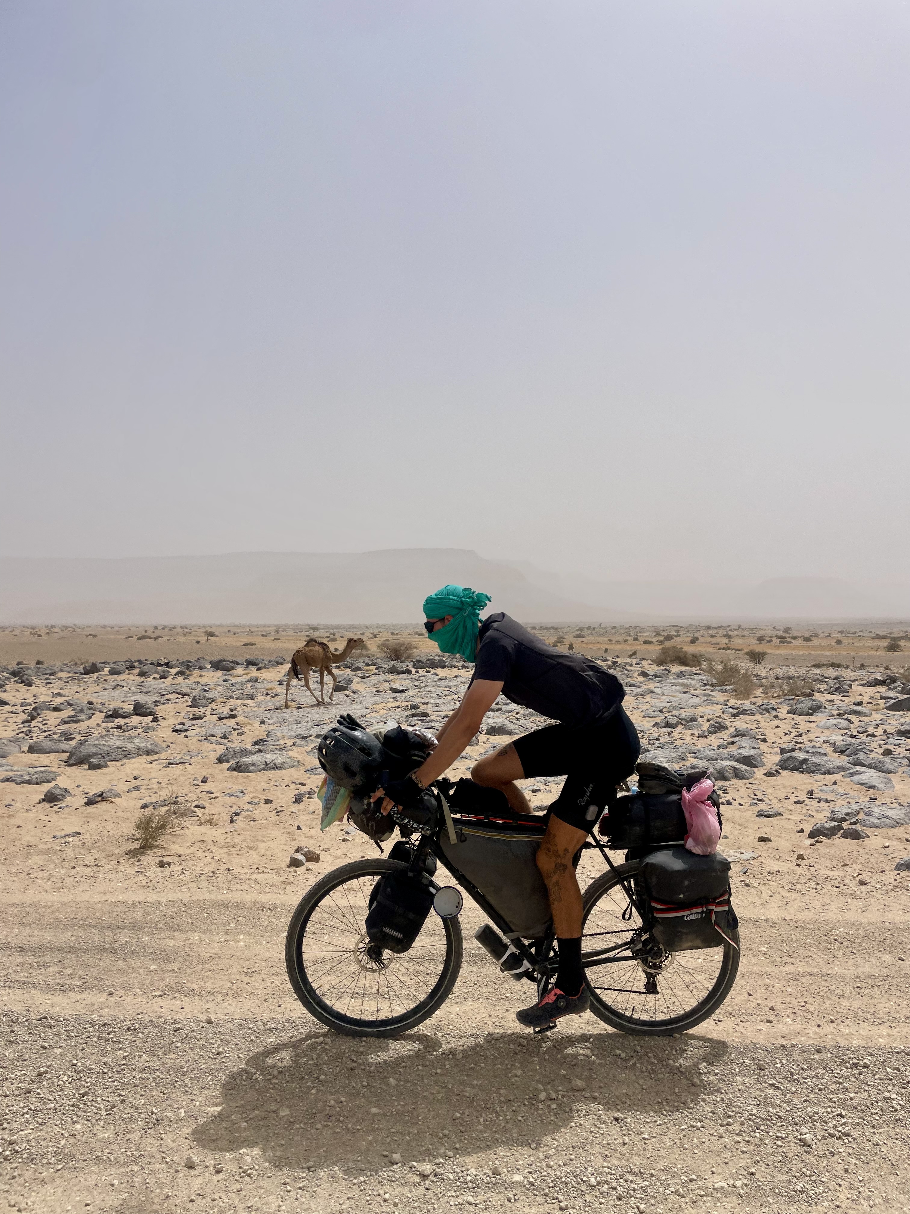 Jake Thorpe cycling across the Sahara