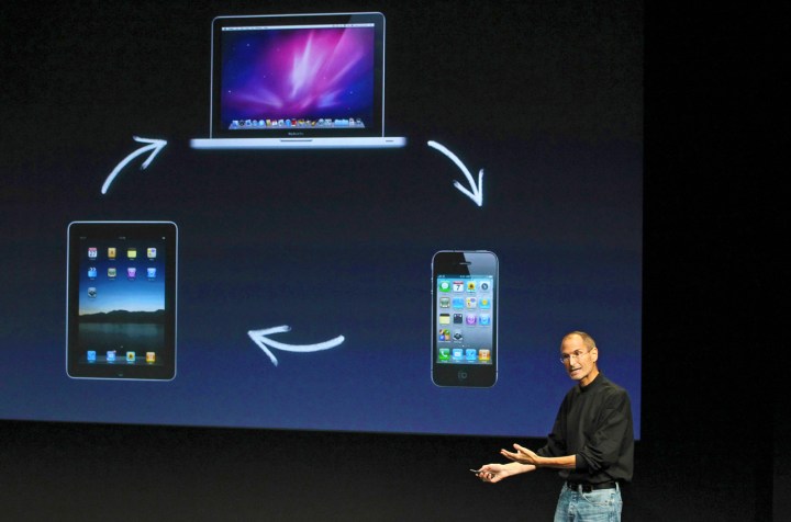 Steve Jobs, design god of the future, or Steve Jobs, Big Brother? You choose.
