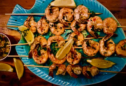 Lockdown Recipe of the Day: Grilled Skewered Prawns & Spiced Rice