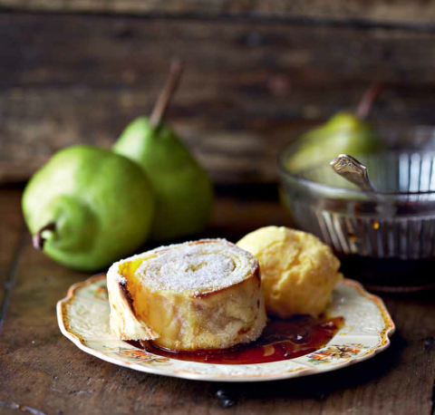 Lockdown Recipe of the Day: Baked pancake roll with pear and brandy sauce