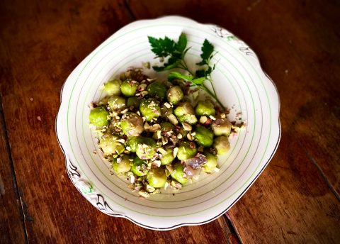 What’s cooking today: Brussels sprouts with pistachios and red onion